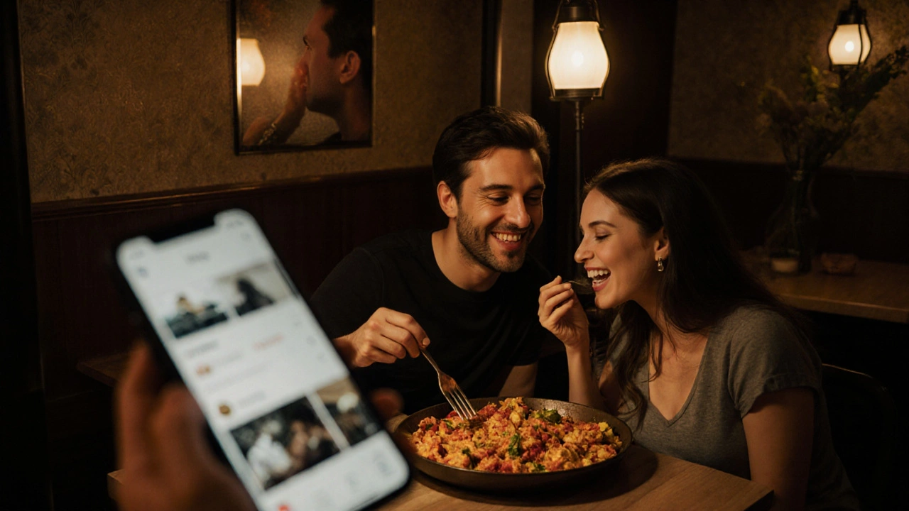 Couple sharing paella in a quiet restaurant, warm light, no phones visible.