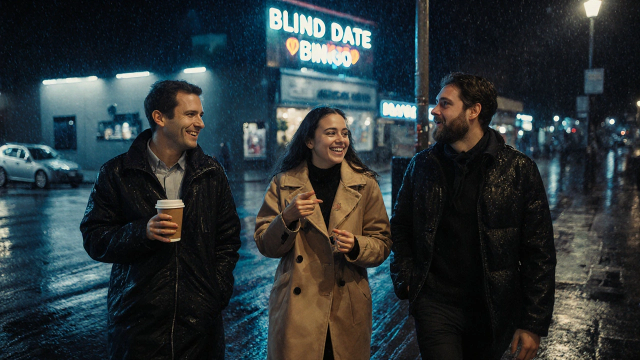 Drie mensen lachen en praten terwijl ze in de regen naar huis lopen na een singles event, neonlicht schijnt op natte straat.