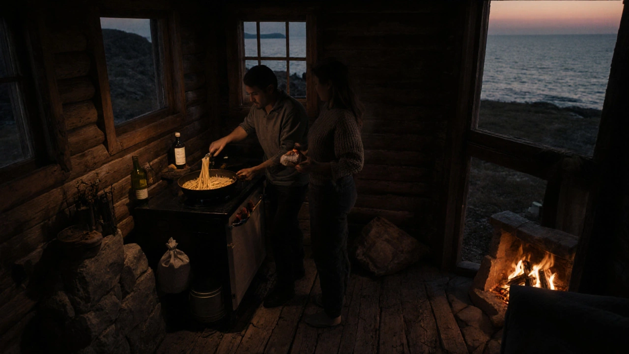 Een koppel kookt pasta in een houten hutje met een open haard, de zee zichtbaar door het raam.
