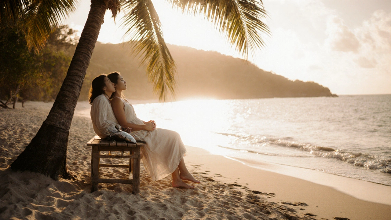 Een koppel op een verlaten strand op La Digue, hand in hand, onder een palmboom bij zonsondergang.