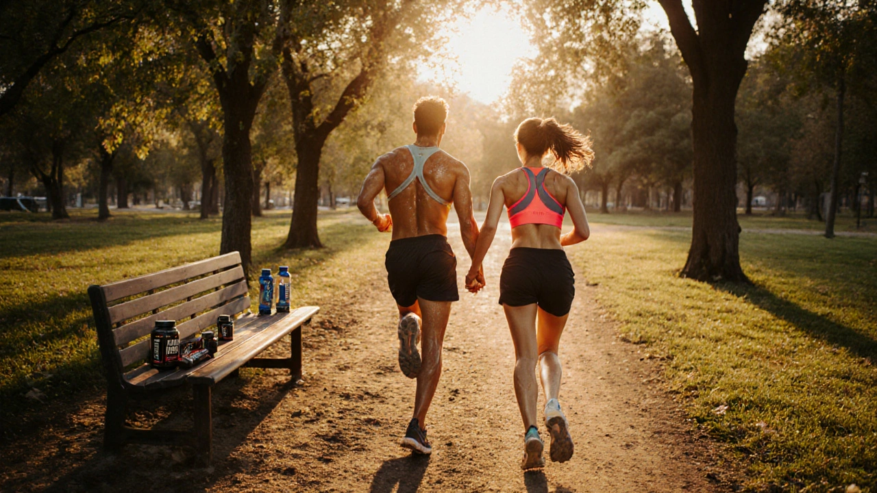 Een koppel rent samen door een park bij zonsondergang, hand in hand, met sportkleding en waterflessen.