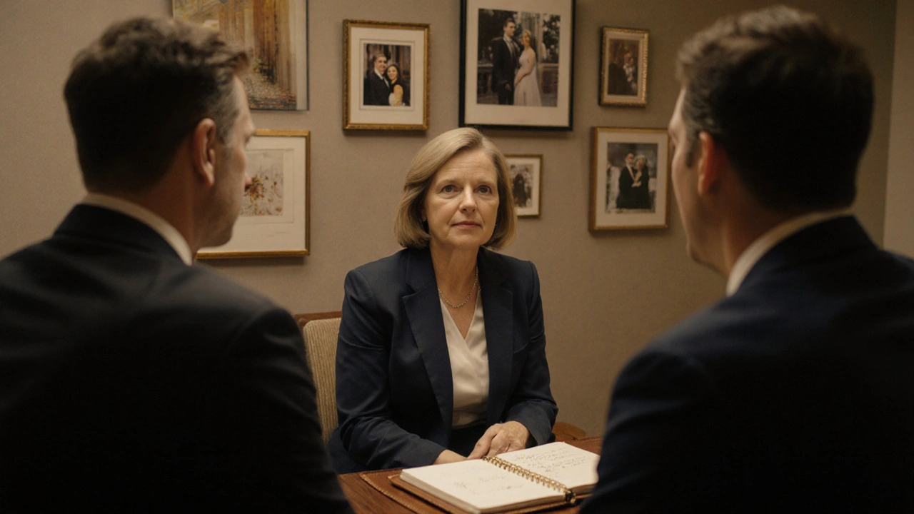 Een matchmaker en een man praten serieus in een warme kamer vol notities.