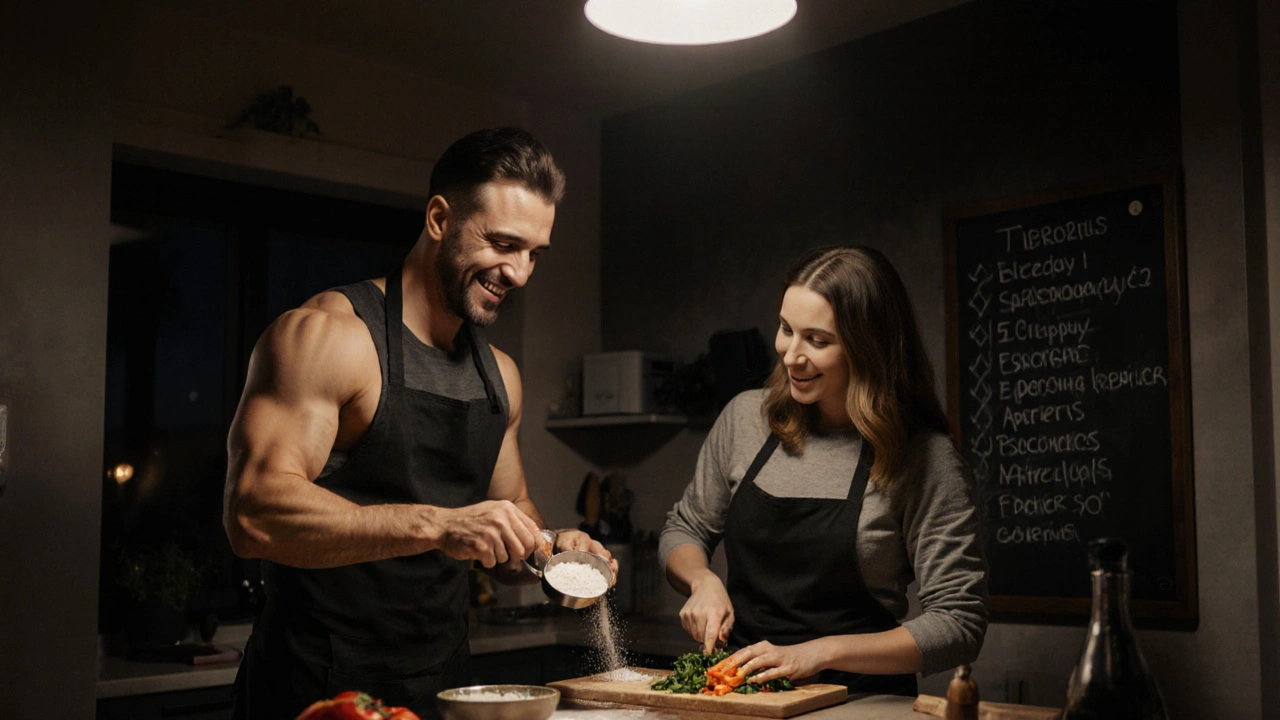 Een paar bereidt gezond eten voor in de keuken, met whey-poeder en groenten, een whiteboard met trainingsdoelen achter hen.