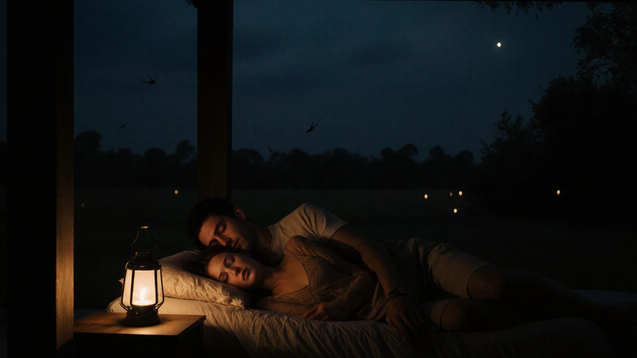 Een paar slapend in een privévilla in Thailand, verlicht door een lantaarn, zonder technologie, alleen rust.
