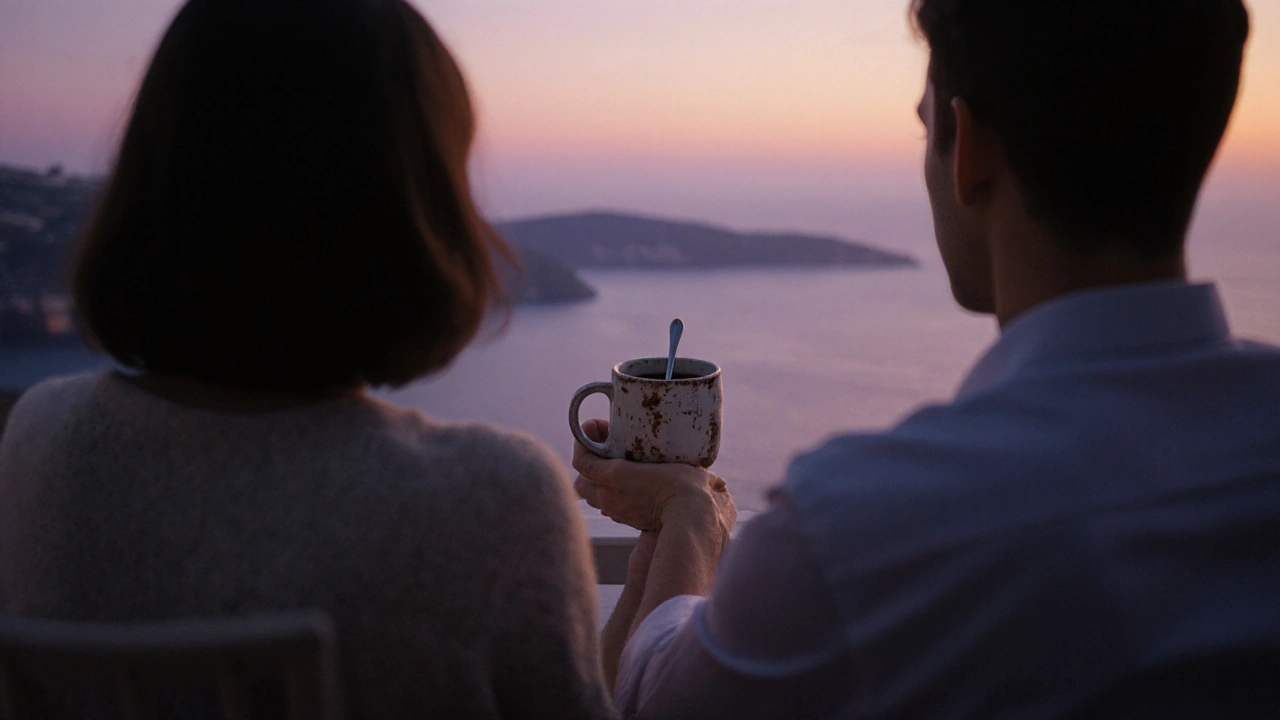Een paar zit in stilte op een terras, hun handen rusten op elkaar zonder telefoon.