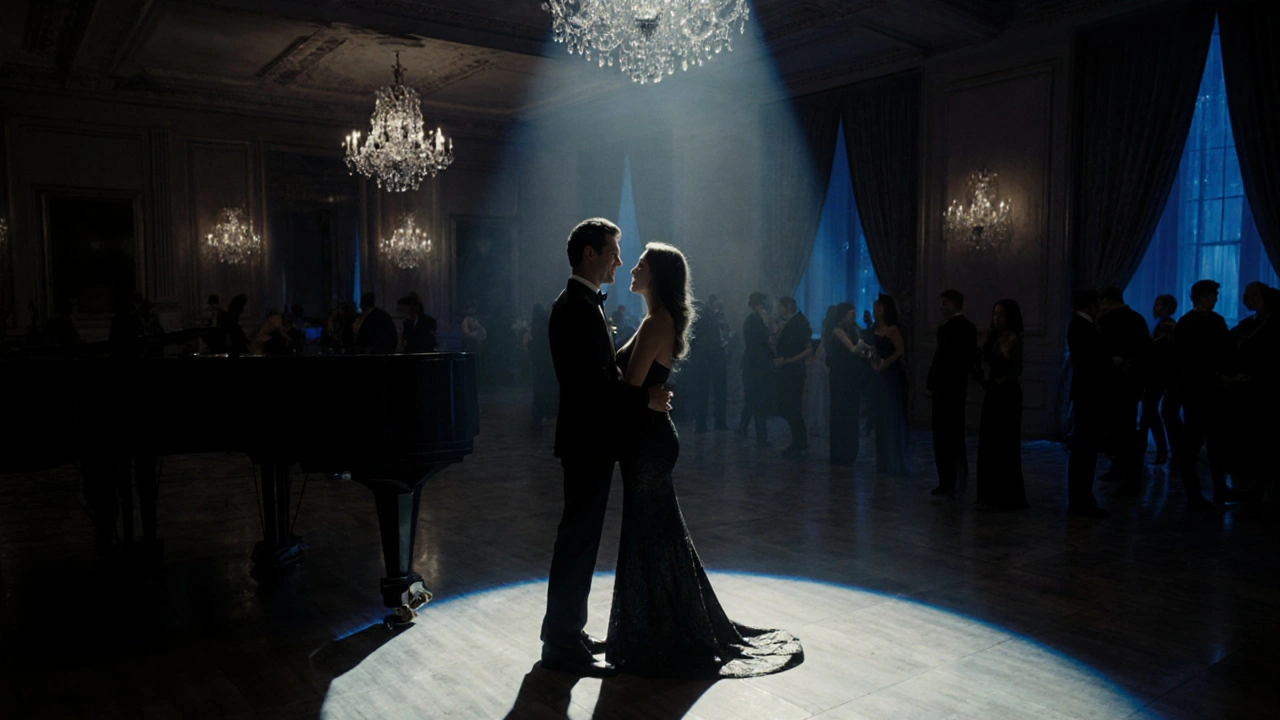 Elegant koppel deelt een intiem moment bij een balzaal tijdens een exclusief matchmaking‑event.
