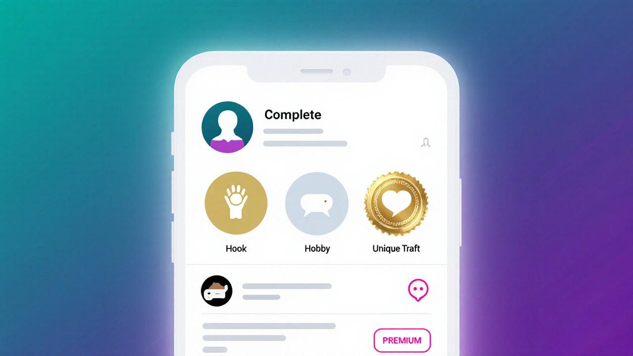 Gestileerde weergave van een voltooide dating‑profiel op een telefoon met premium badge.