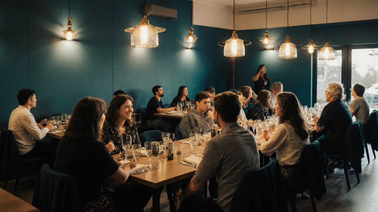Groep mensen bij een speed dating-evenement in Wellington, allemaal aan tafels met spanning in de lucht.