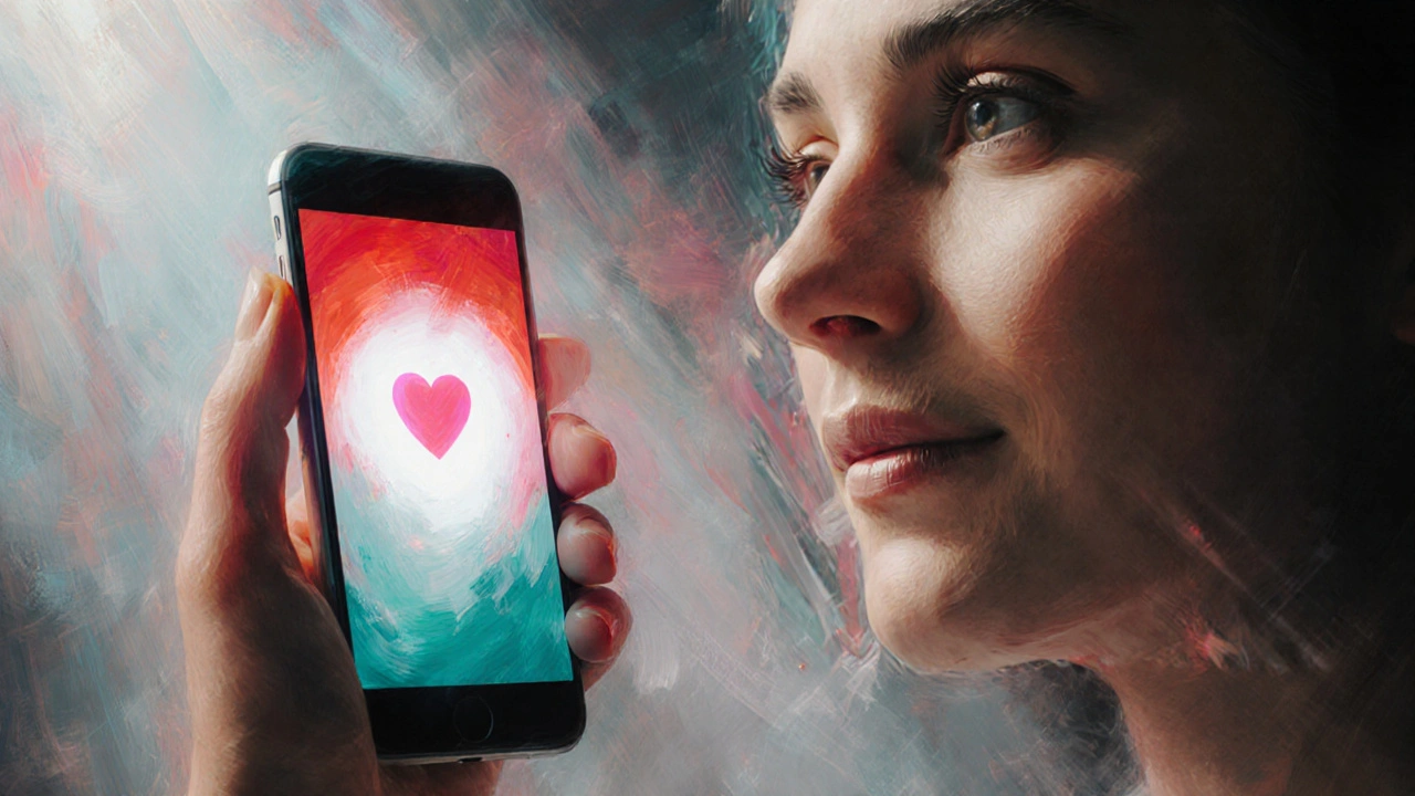 Hand met telefoon toont match‑hart, omgeven door kleuren die opwinding en onzekerheid uitdrukken.