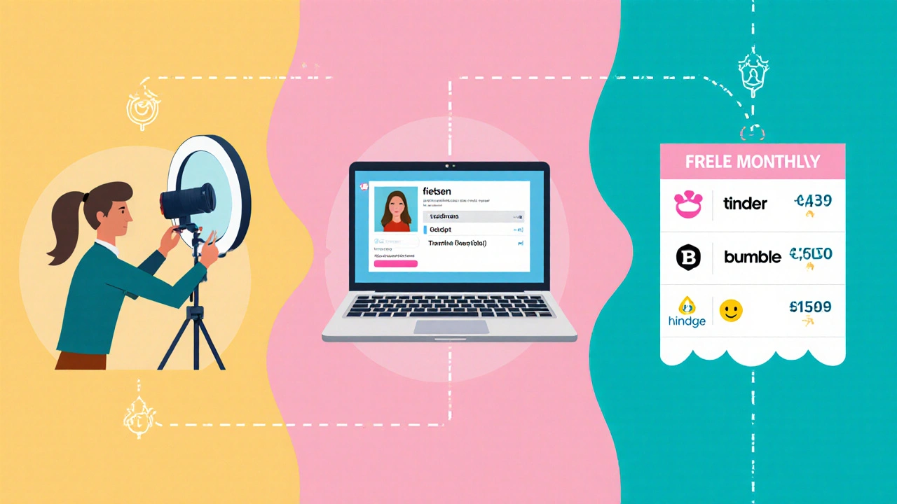 Illustratie van foto‑shoot, bio‑schrijven op laptop en prijskaartjes voor apps.