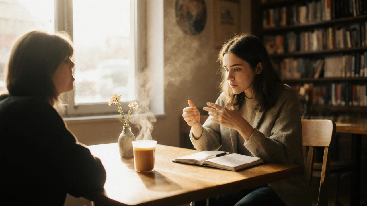 Intieme koffiedate: twee mensen zitten aan een tafel, één deelt een emotioneel verhaal.