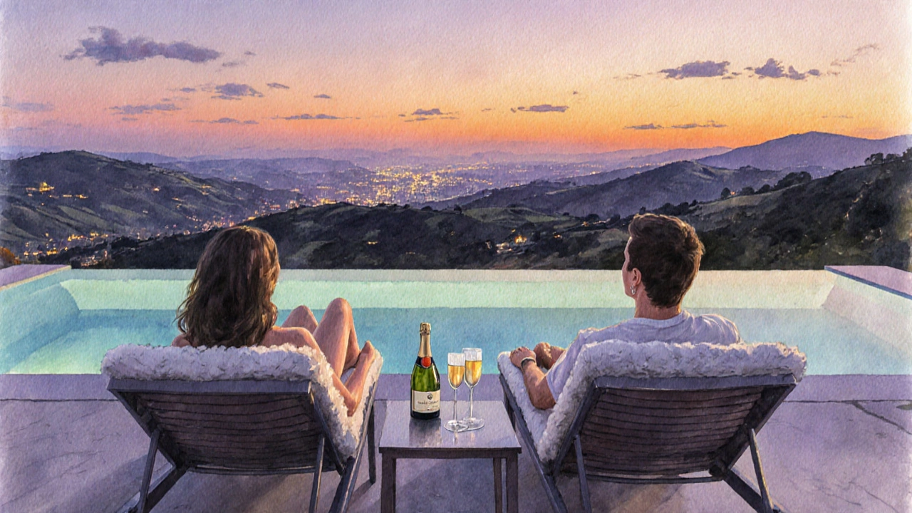 Koppel ontspant op een terras bij zonsondergang, met een zwembad, horizon en champagneglazen.