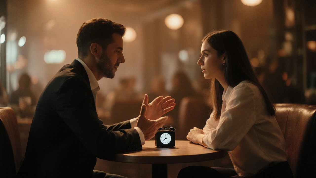 Man en vrouw glimlachen en maken oogcontact tijdens een speed‑date.