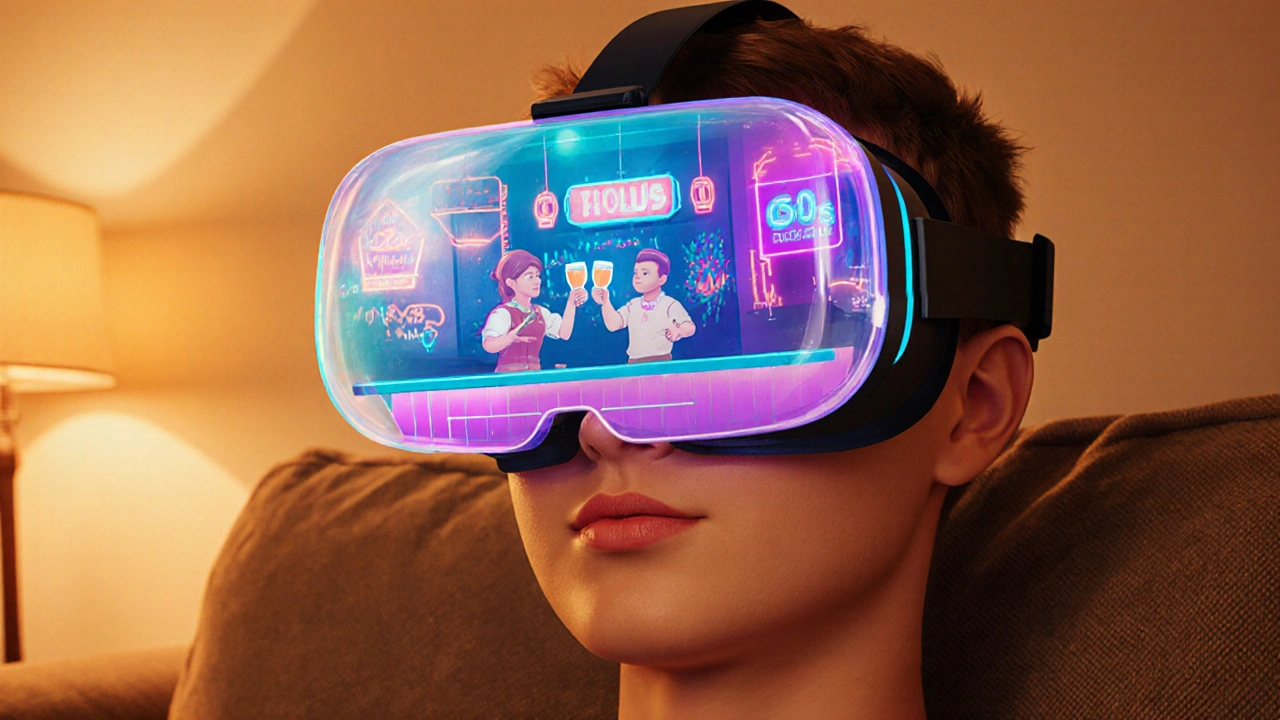 Persoon in VR‑headset ziet virtuele bar naast echte woonkamer, warme en neonkleuren.