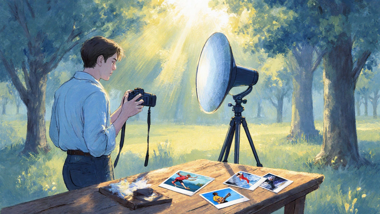 Persoon maakt drie verschillende foto’s: portret, sport en creatieve hobby, onder buitenlicht.