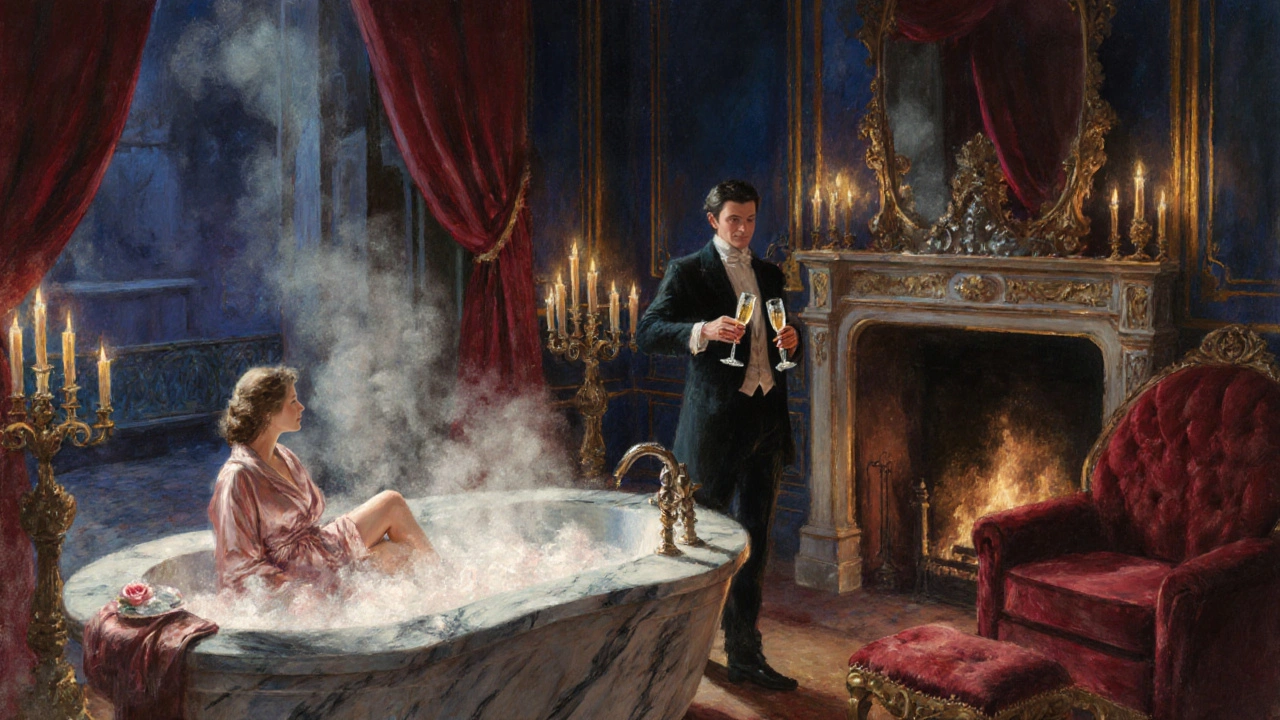 Romantisch kasteel‑spa interieur met een privébubbelsbad, kaarslicht en een koppel dat champagne nipt.