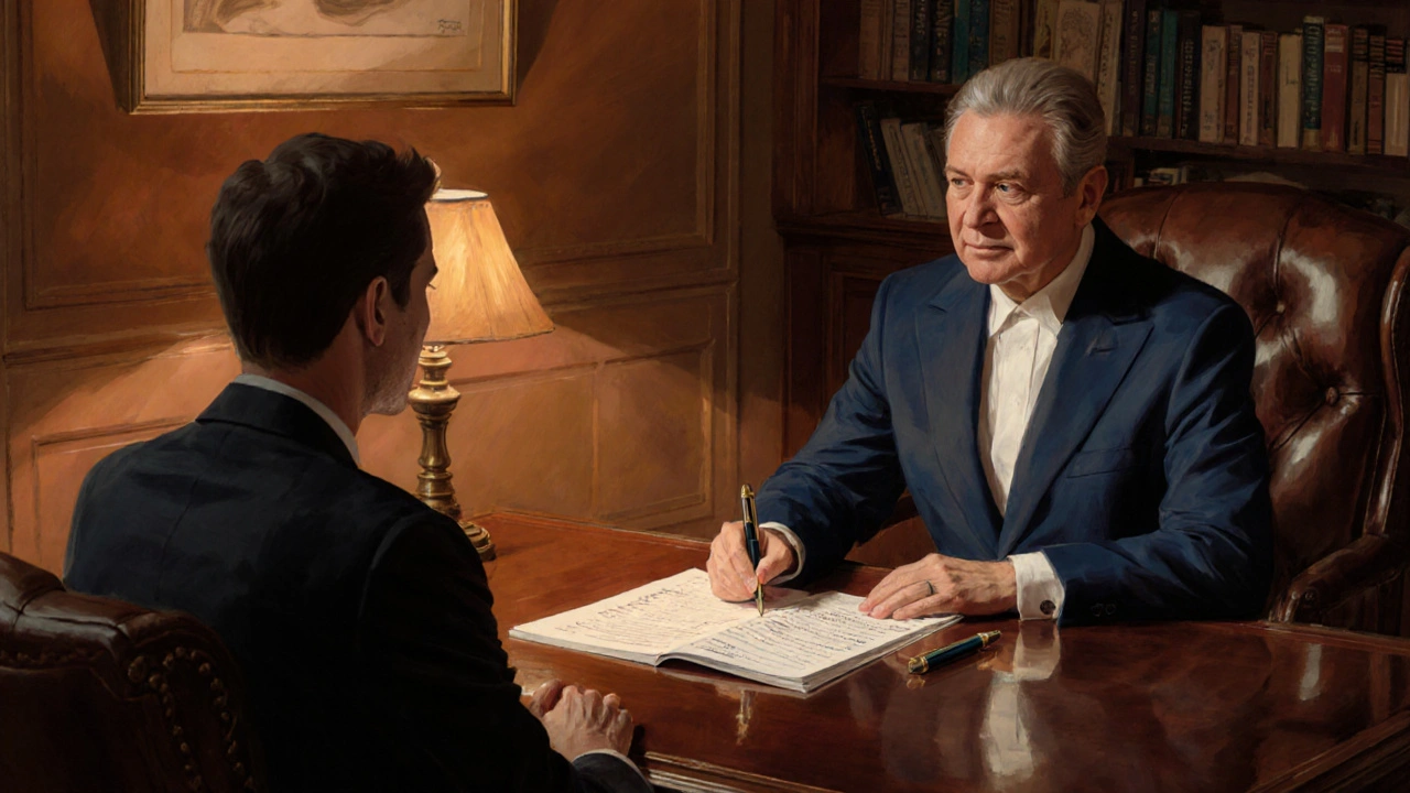 Senior matchmaker bespreekt een compatibiliteitstest met klant in een warme, luxe kantooromgeving.