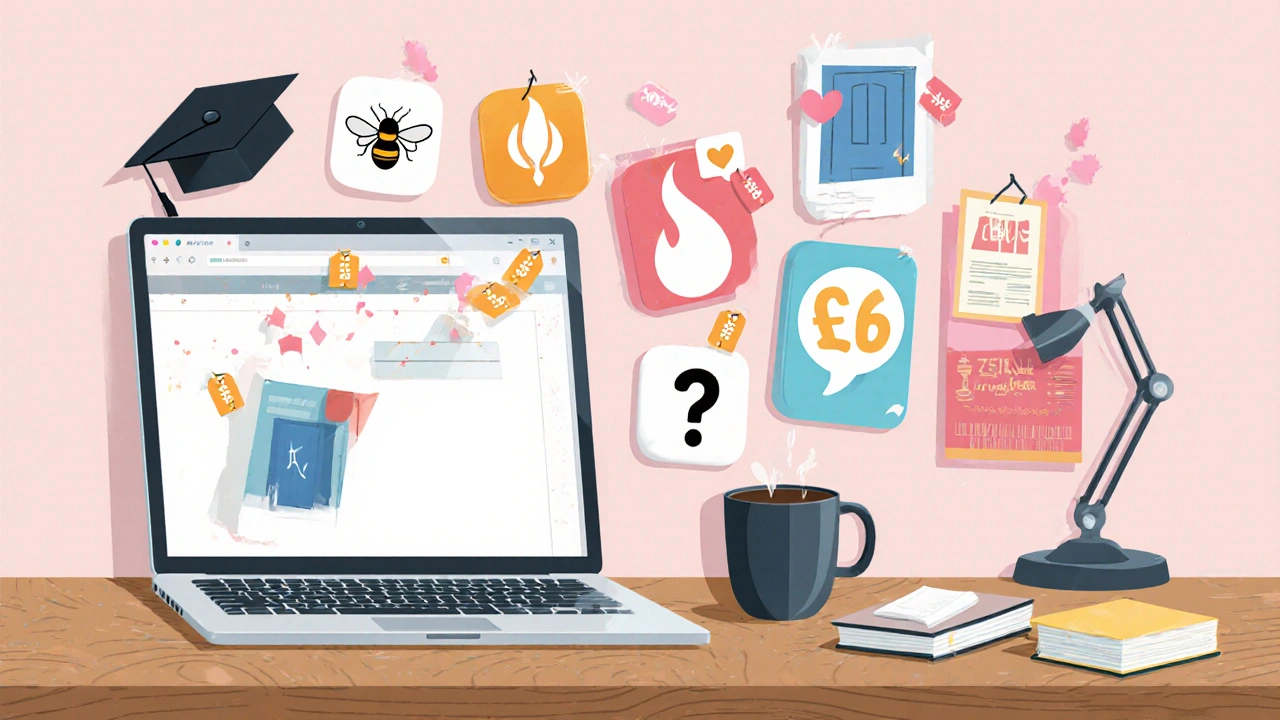 Studiebureau met laptop, notities en pictogrammen van vijf datingapps en prijskaartjes.