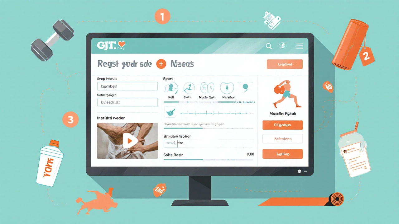 Tablet illustreert stappen voor registratie op een fitness‑dating site.
