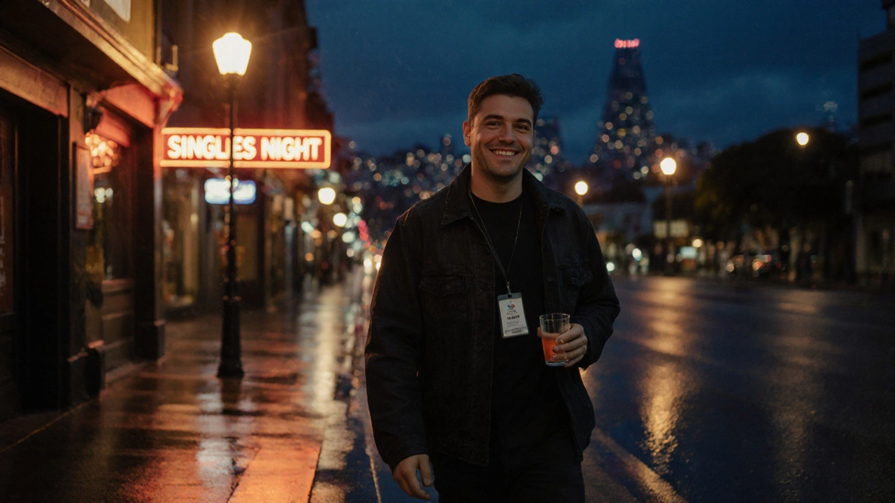 Tevreden deelnemer verlaat de singles‑event bij nachtelijke stadsverlichting, glimlachend.