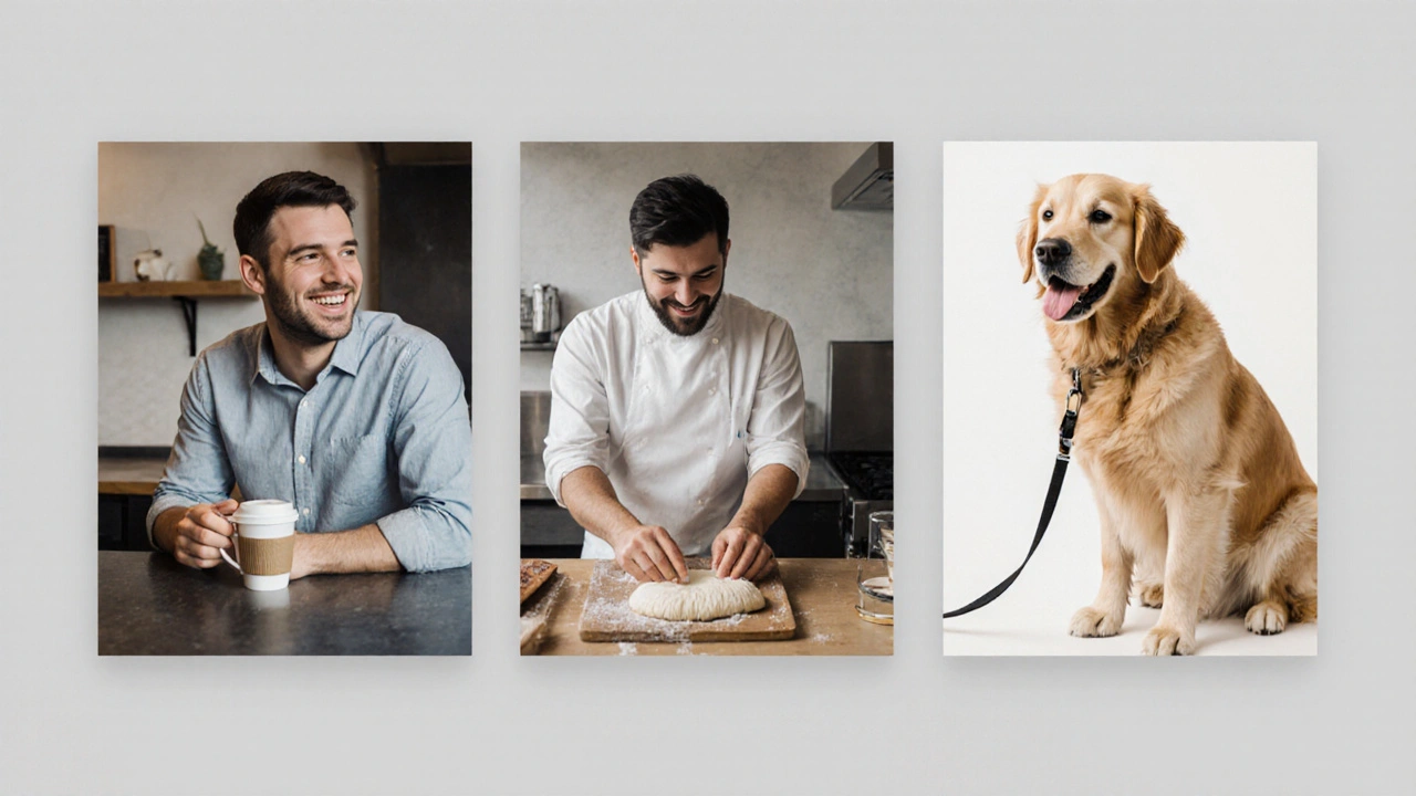 Three authentic photos of a man: smiling at a coffee shop, cooking, and walking a dog.