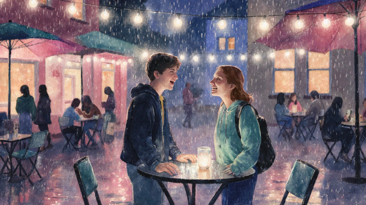 Twee studenten lachen op een caféterras na een match, omgeven door sfeervolle verlichting.