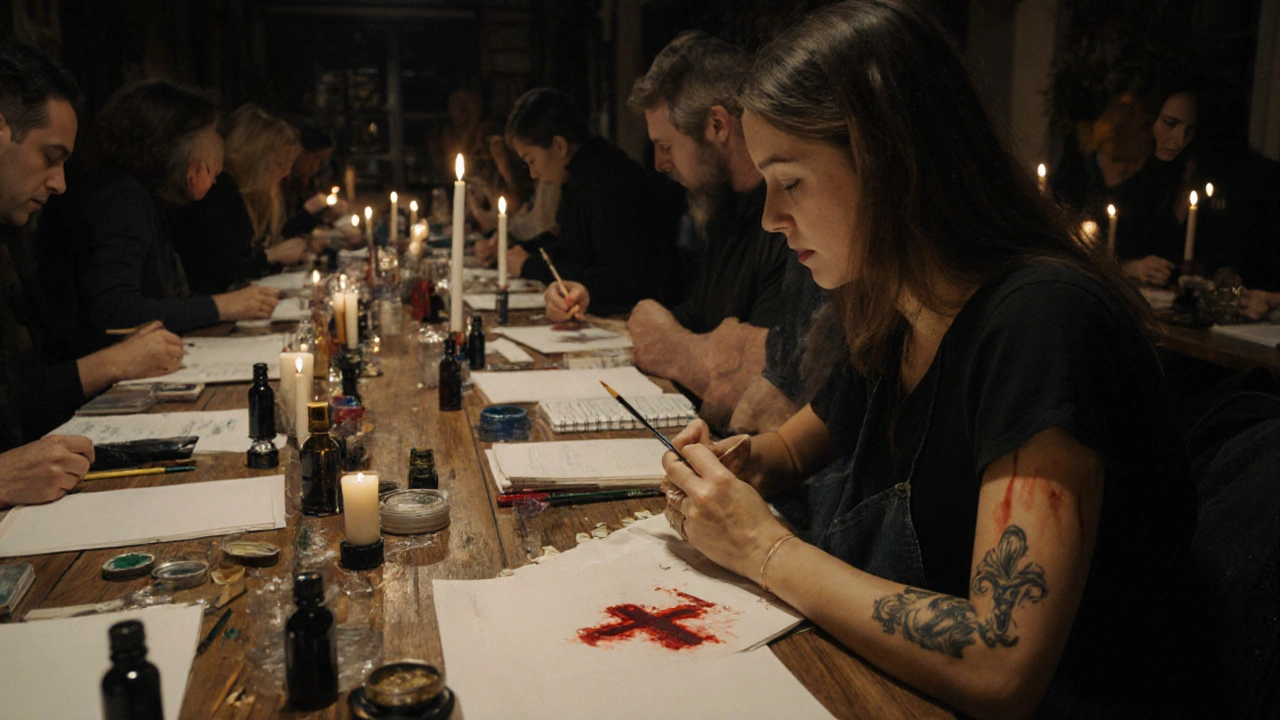 50 kunstenaars in stilte aan een tafel met verf en papier, geen telefoons, alleen creatie in een Amsterdamse avond.