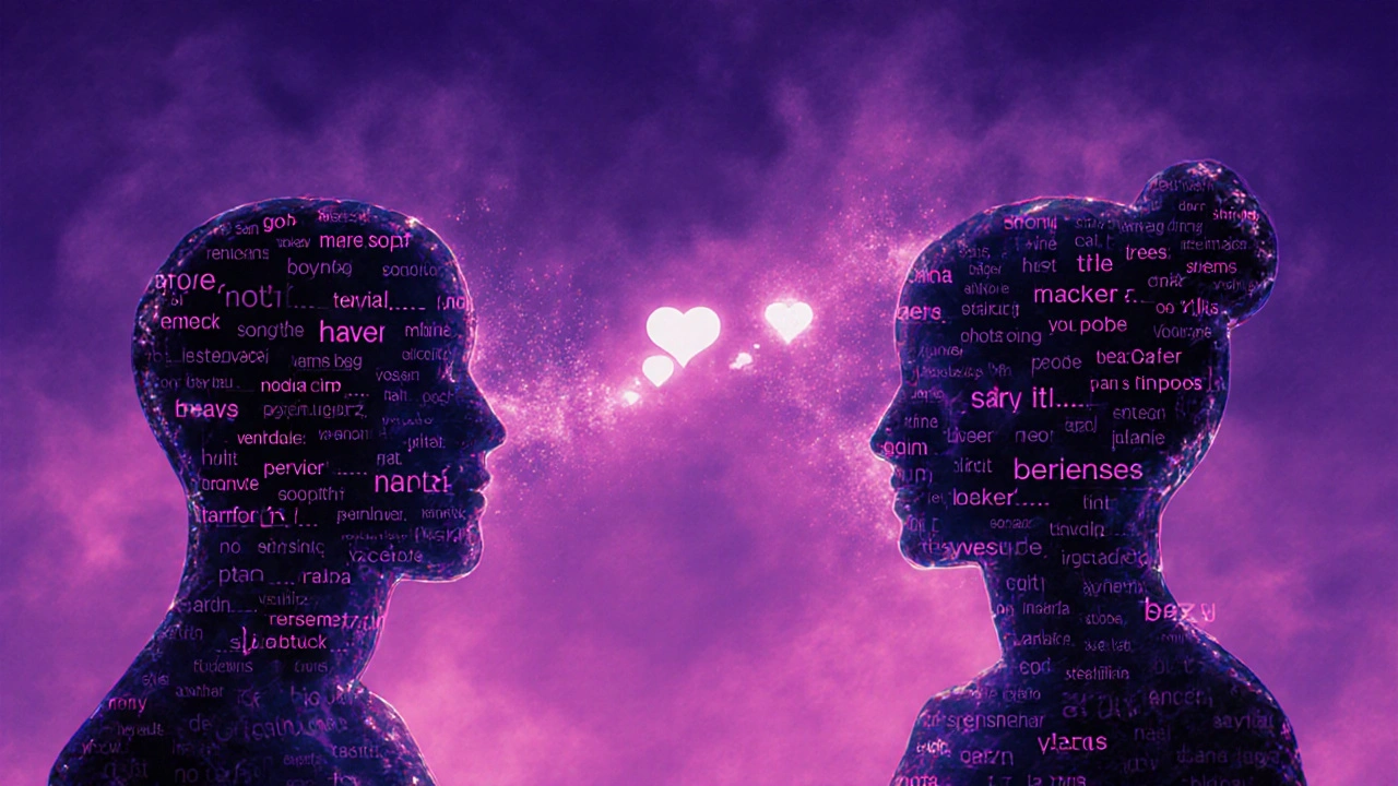 Abstract figures connected by glowing chat text, with &#039;… 😏&#039; floating as a spark.