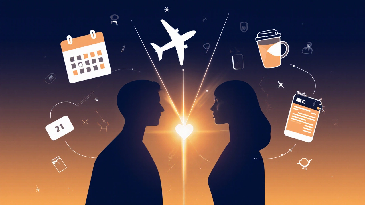 Abstracte silhouetten van twee mensen verbonden door een lichtlijn, met werkleven-icoontjes achter hen.