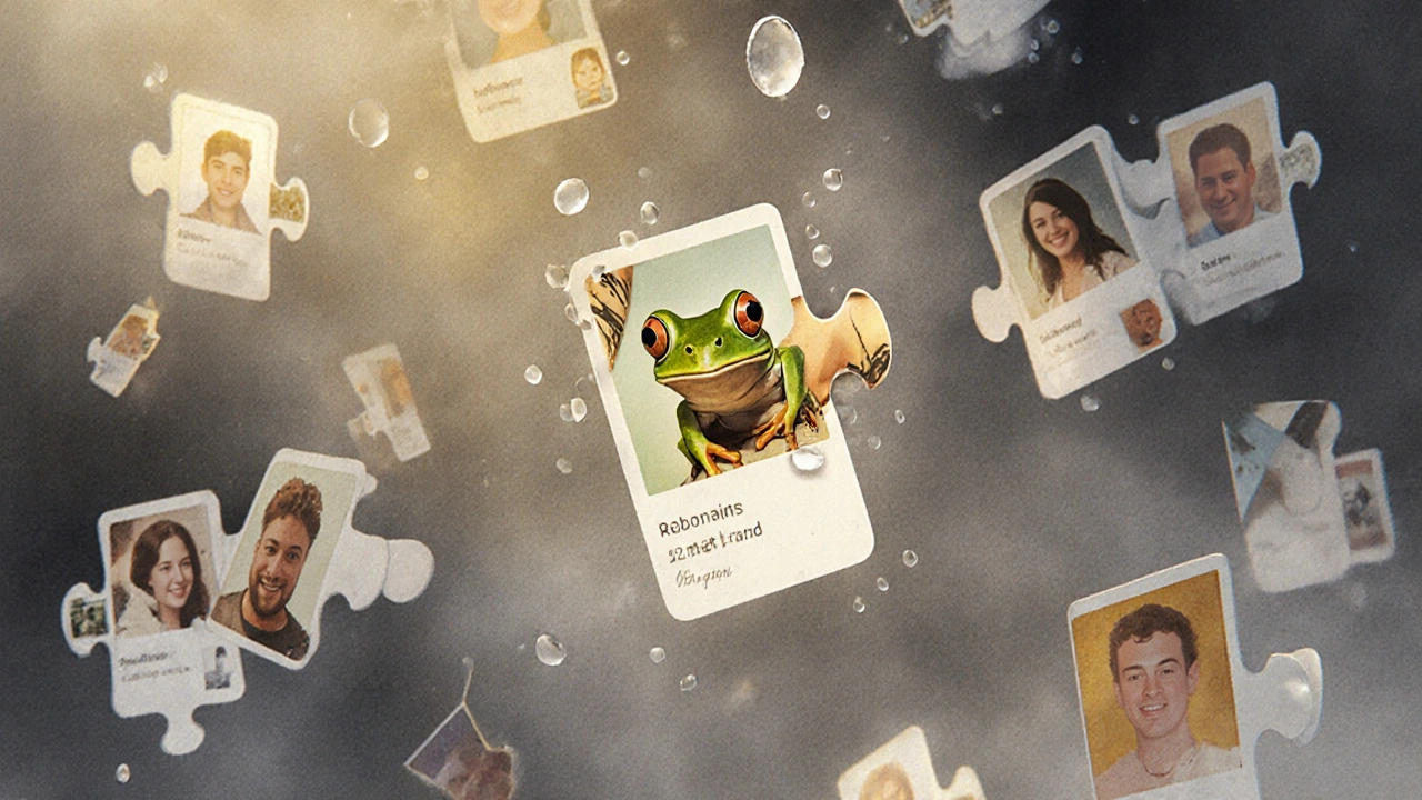 Digitale markt met profielen als puzzelstukken, regendruppel op kikker-tatoeage.