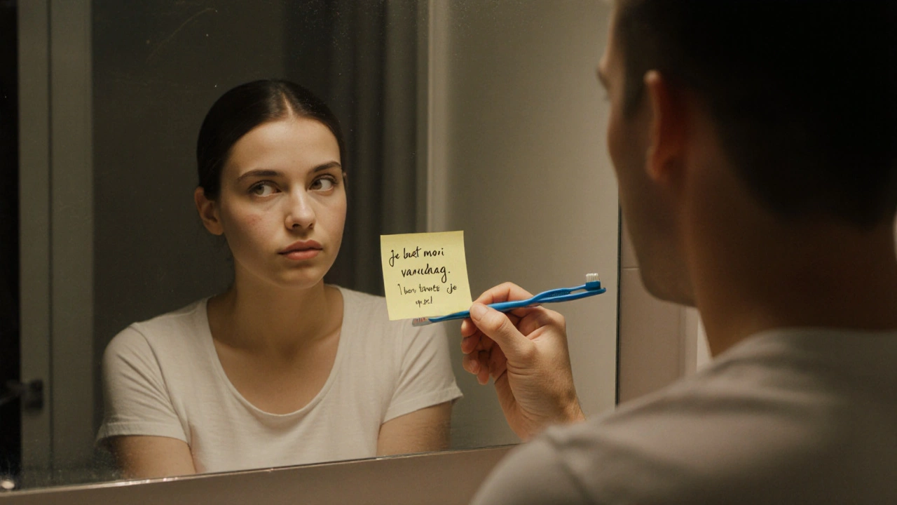 Een briefje met &#039;Je bent mooi vandaag. Ik ben trots op je.&#039; ligt op de spiegel, met een tandenborstel eronder.