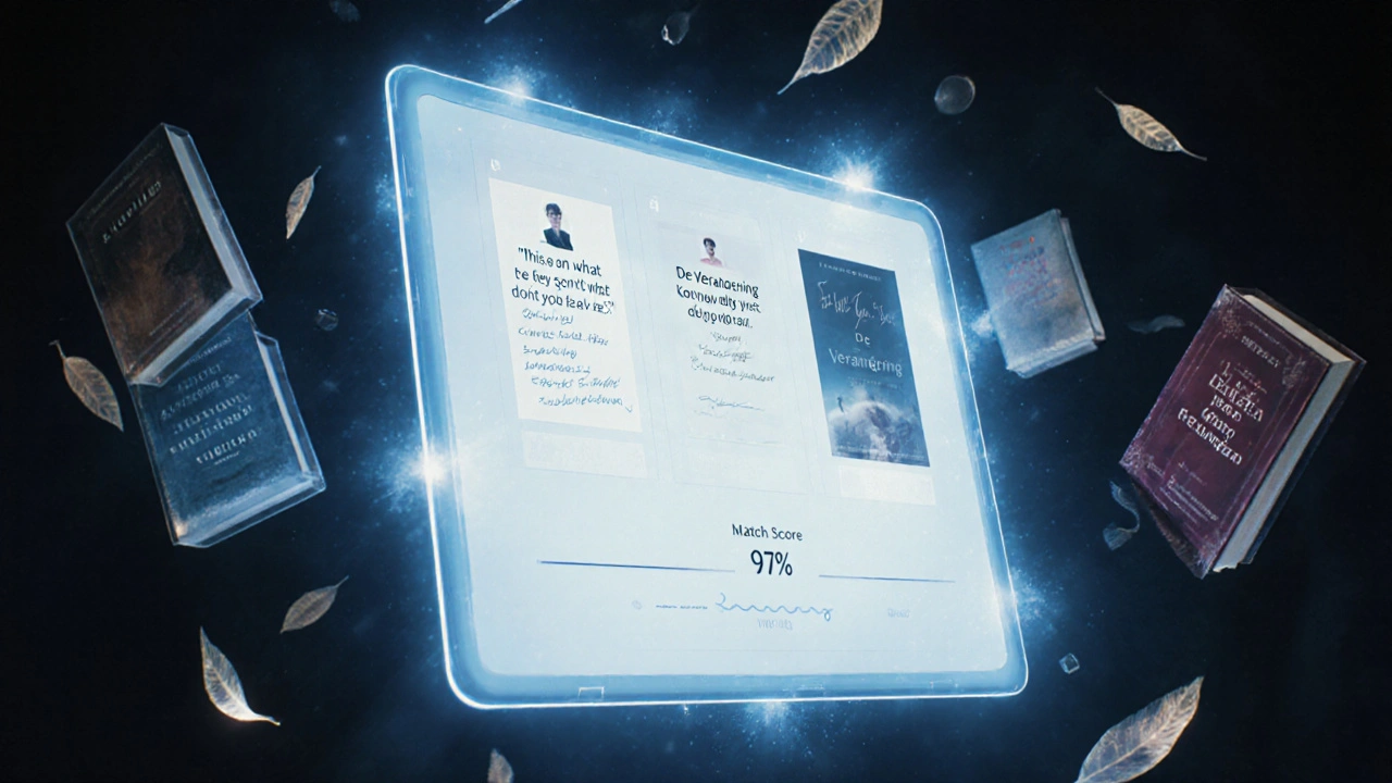 Een digitale interface met literaire profielen en aantekeningen die op elkaar aansluiten, in een donkere ruimte.