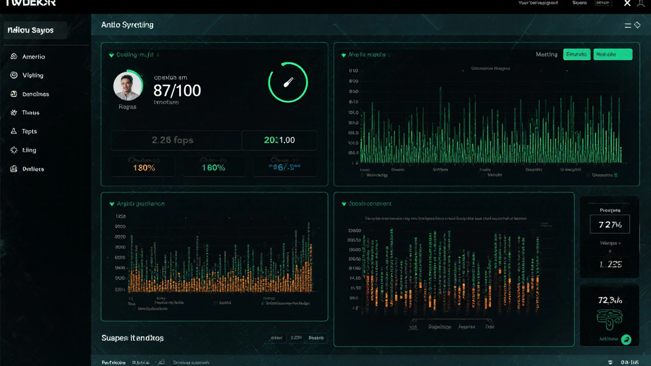 Een futuristische dating-app interface met emotionele AI-analyse en een matchscore van 87/100.