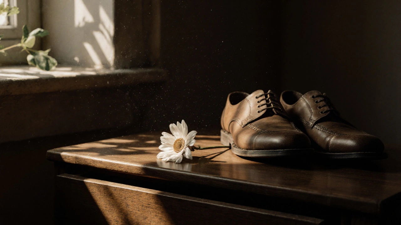 Een gedroogde witte bloem ligt op een houten lade naast een paar laarzen, zonlicht valt op stofdeeltjes in de lucht.