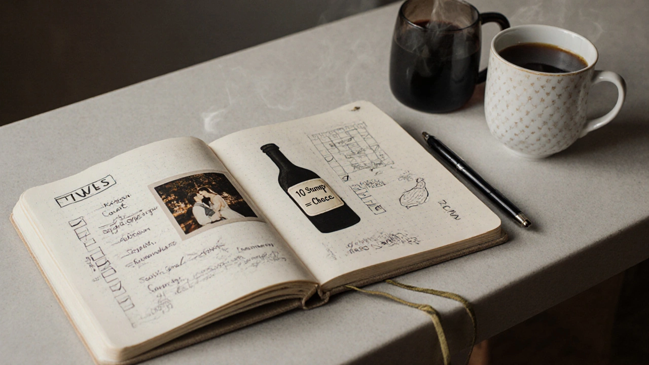 Een handgeschreven doelenboekje met foto&#039;s, stickers en checkmarks op een keukentafel.