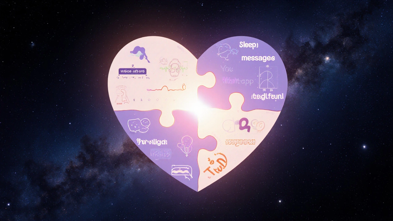 Een hartvormig puzzelstuk dat emotionele data verbindt, met drie perfect aangepaste stukken die stralen.