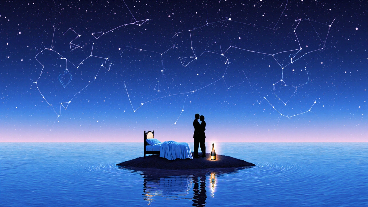 Een klein eilandje in een oneindige oceaan, met een bed en twee silhouetten onder een sterrenhemel.
