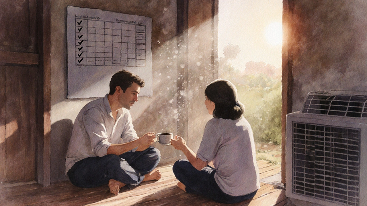 Een koppel in een Thais huisje bij zonsopgang, samen koffie drinkend met een eenvoudig waarderingsplan aan de muur.