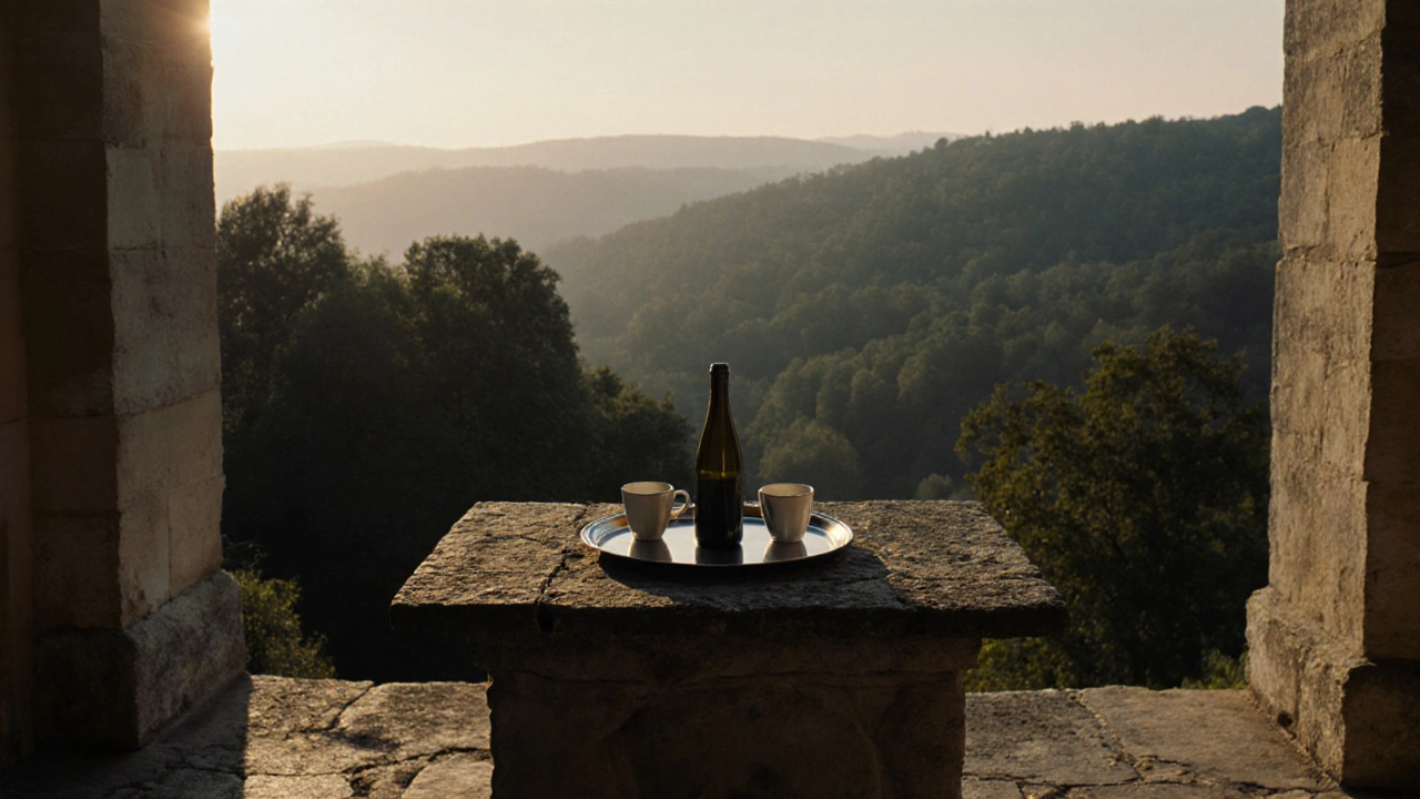 Een lege terrastafel met wijn op een kasteelterras bij zonsopgang, omringd door mist en bomen.