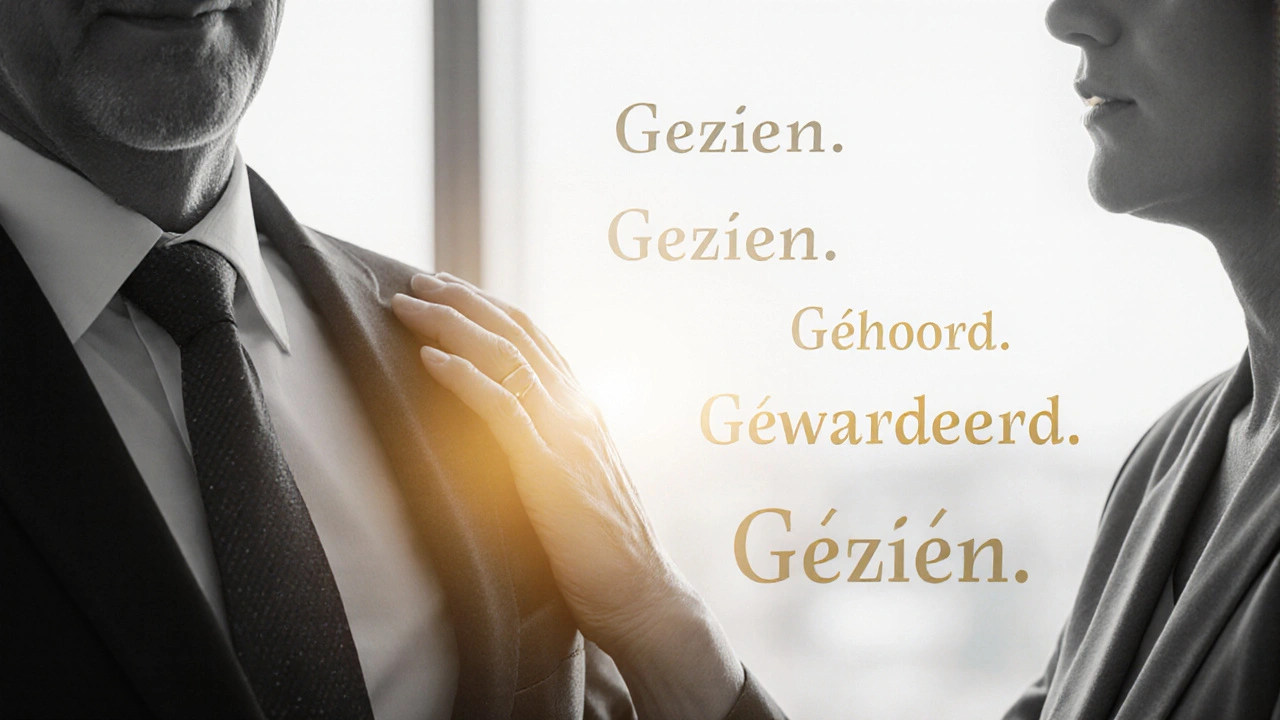 Een lichte hand op de schouder van een werknemer, met zwevende woorden van waardering in de lucht.