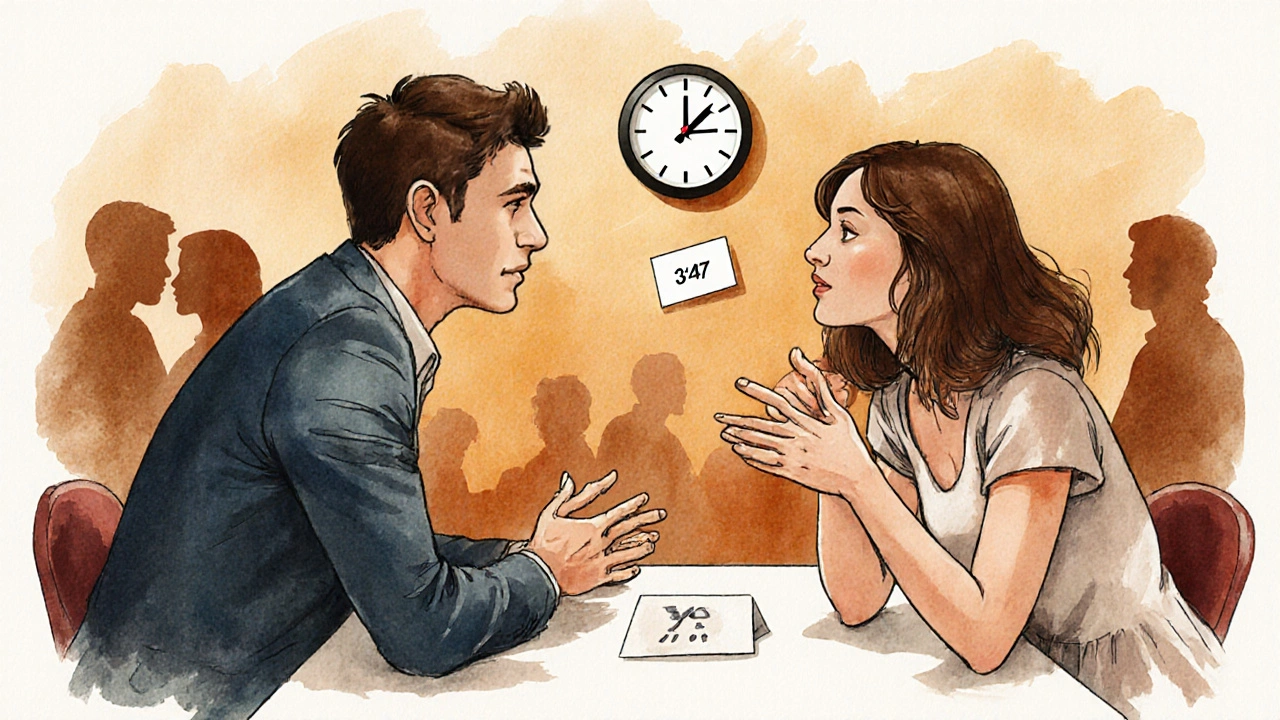 Een man en vrouw in een speed dating gesprek, een yes-kaartje op de tafel, klok op 3:47, warme sfeer.