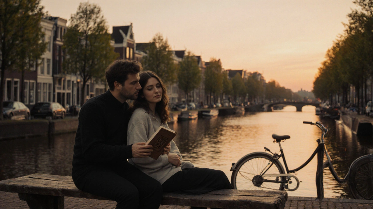 Een man en vrouw op een bank bij een kanaal, stil en aanwezig, met een boek en een verzwegen verbinding.