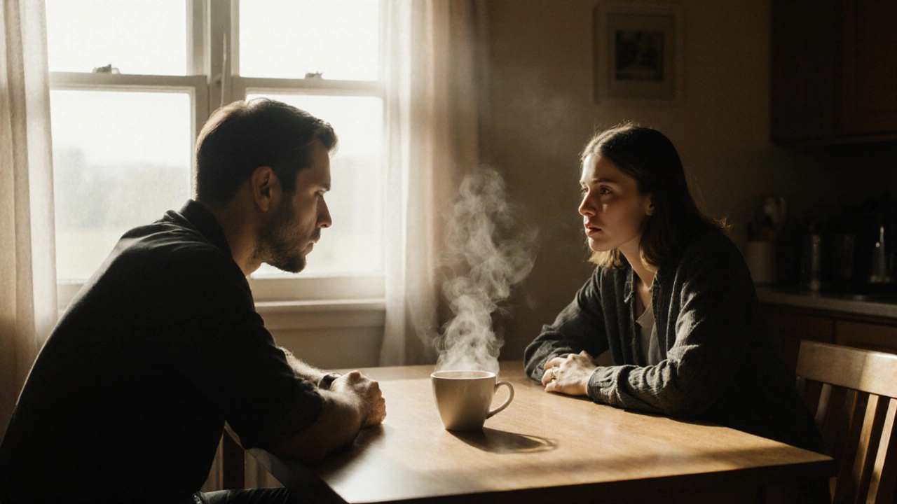 Een man en vrouw zitten aan de keukentafel, zonder telefoons, hij kijkt haar直直 aan terwijl ze praat.