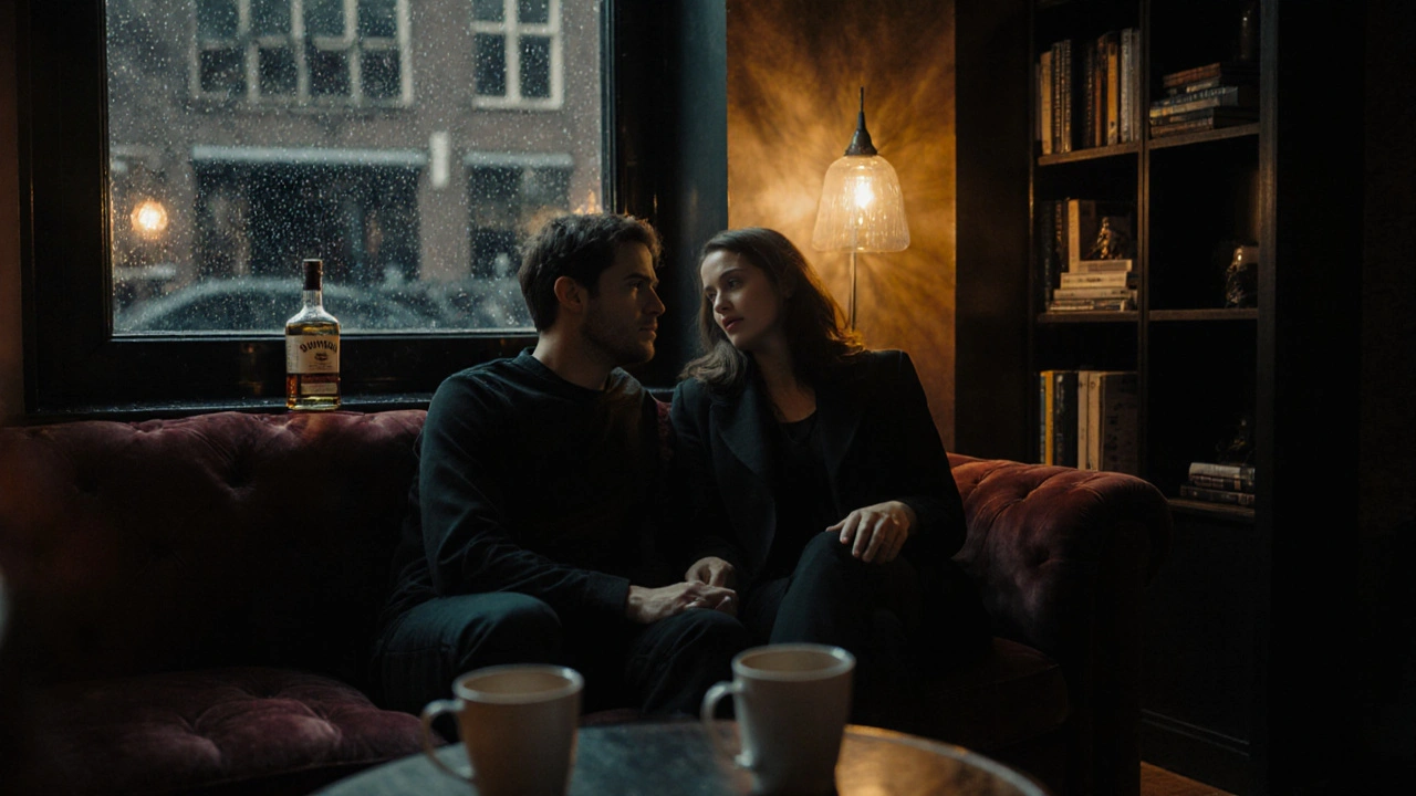 Een man en vrouw zitten naast elkaar op een bank, rustig praten na een singles event.