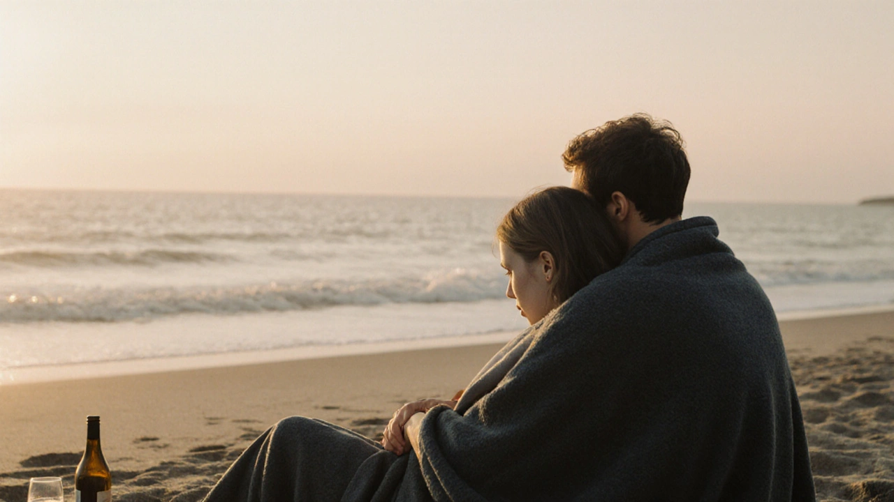 Een man en vrouw zitten stilletjes op het strand bij zonsopgang, omsloten door een deken, hand in hand.