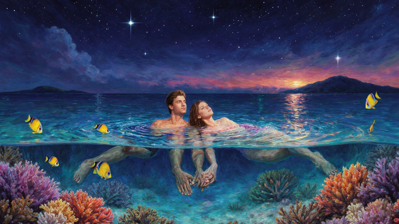 Een man en vrouw zweven in een heldere lagune, hun handen verstrengeld onder het water.