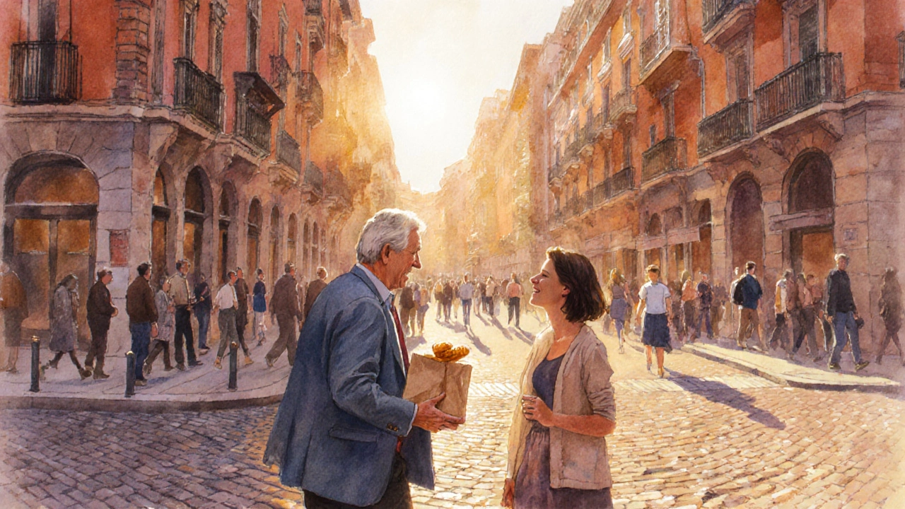 Een man in Barcelona ziet een vrouw glimlachen op een drukke straat, zonlicht valt op de gevels.