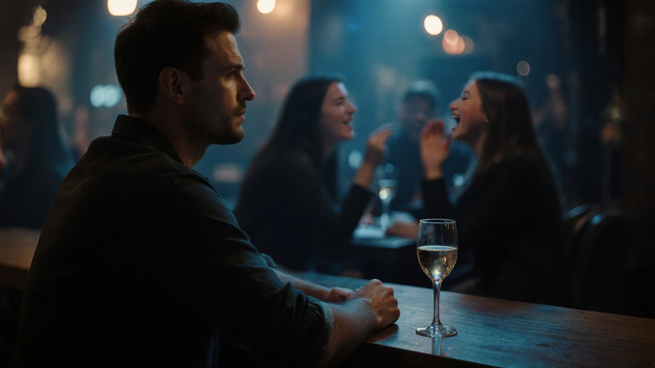 Een man in een bar, kalmpjes en zonder aandringen, observeert een vrouw in een levendige omgeving.