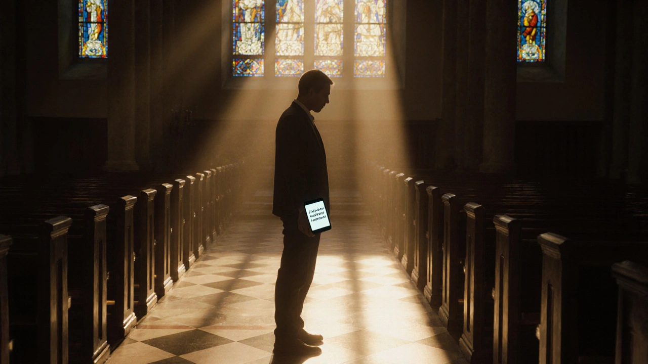 Een man in een lege kerk, zonlicht valt door glas, telefoon in zak met een pakkende boodschap.