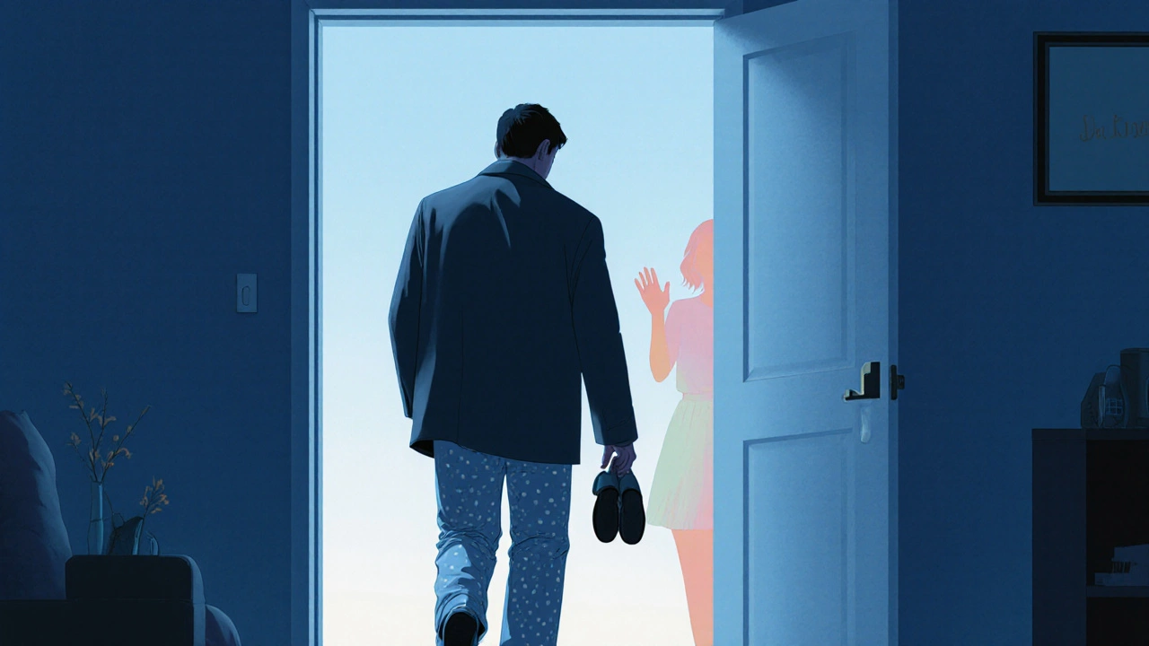 Een man loopt weg van een deur bij zonsopgang, stil en vrij, zonder woorden of gezichten.